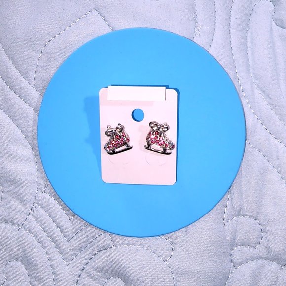 Ice Skates Earring PINK/Post/Shoe-Boot Charm Earring/Pink Rhinestone Crystal - Picture 6 of 11